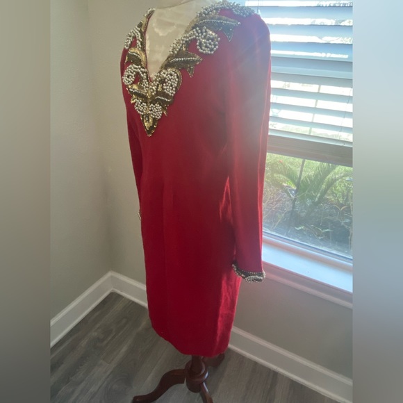 Vintage Don Sayres for Wellmore Neiman Marcus Red Knit Dress Sequins Pearls SZ 4 - Picture 7 of 16